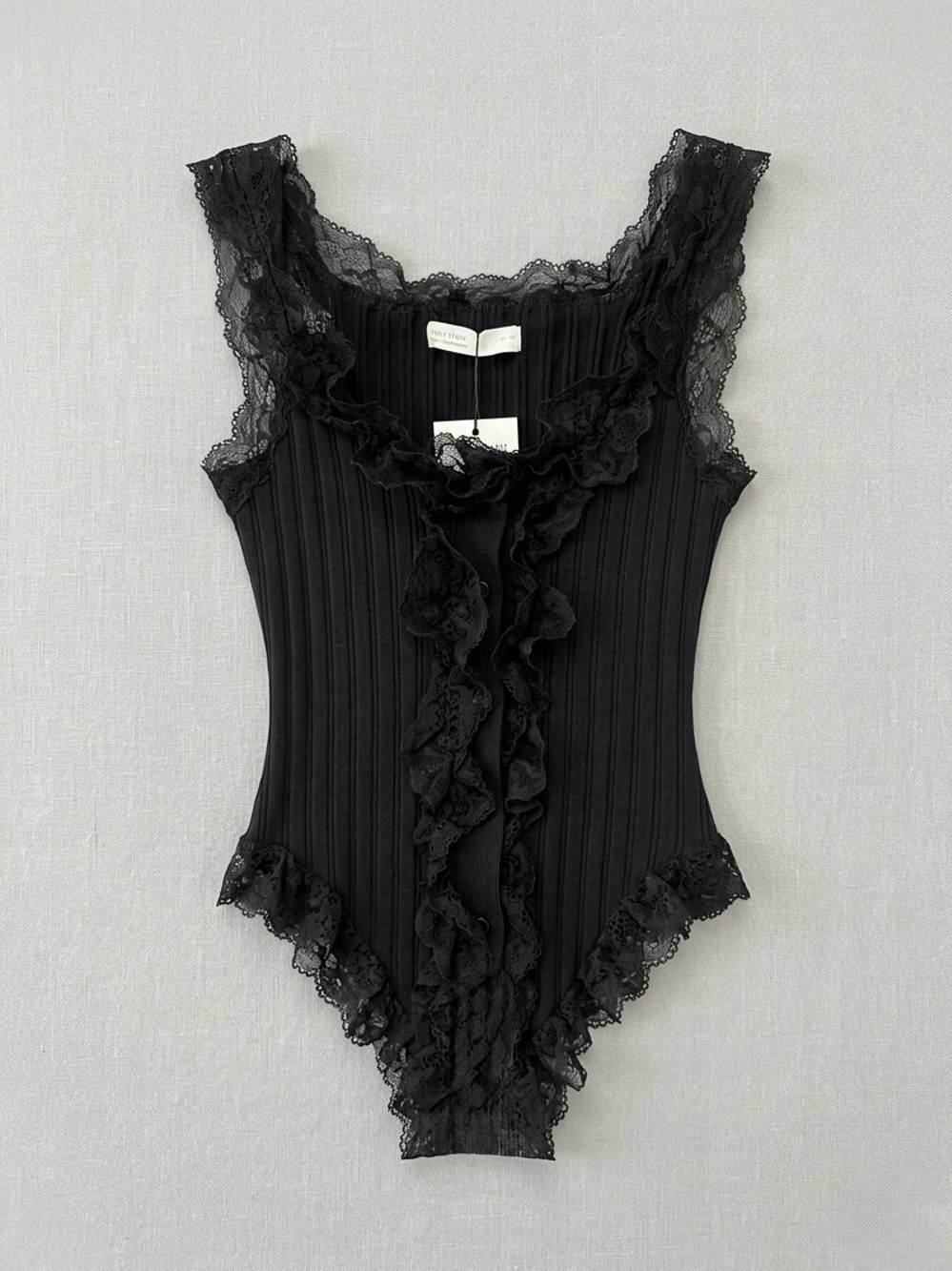OAK + FORT Black Ribbed Lace-Trim Tank Bodysuit